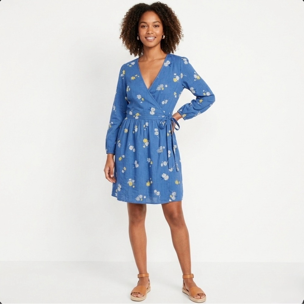 Old Navy Blue Floral Wrap Mini Dress – Size Large – Long Sleeve Cotton